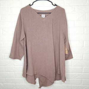 NWT Match Point Moca 100% Linen Asymmetrical Hem Overlap Front  3/4 Sleeve Tunic